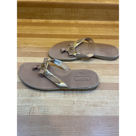 Sperry Womens 10M Gold Metallic Snakeskin Bow Buckle Sandal Thong Flip Flops - Picture 2 of 6